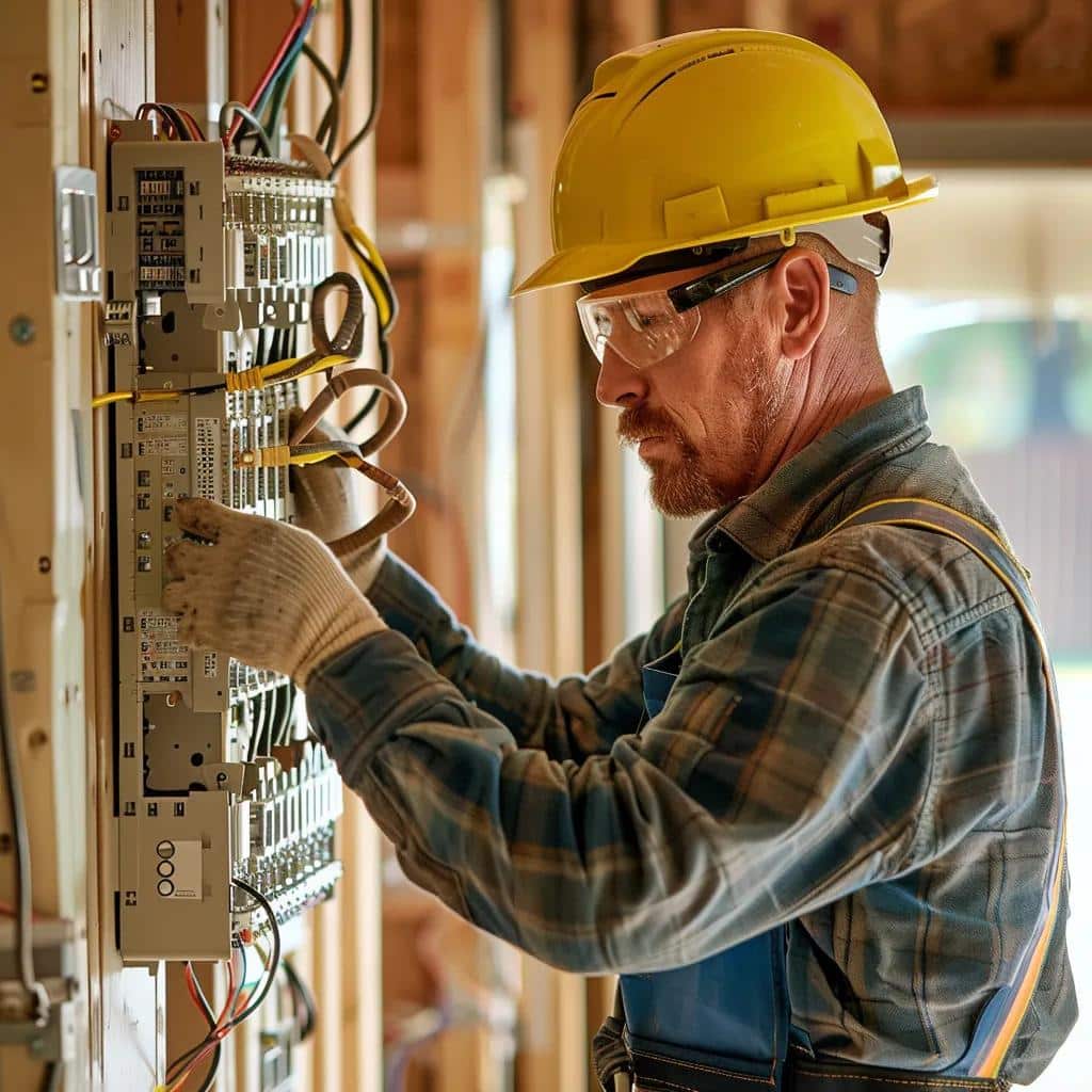 Emergency electrician working on a residential electrical panel, showcasing urgency and professionalism