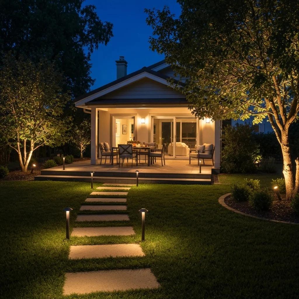 Modern home exterior illuminated with pathway lighting, showcasing a welcoming patio area with seating and decorative elements, surrounded by lush greenery, emphasizing safety and aesthetic appeal in outdoor spaces.