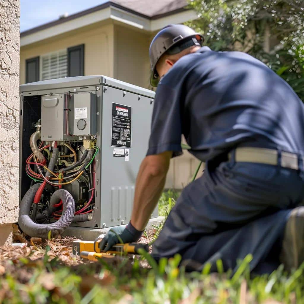 Technician performing maintenance on a whole home generator, showcasing electrical connections and components in a residential setting.