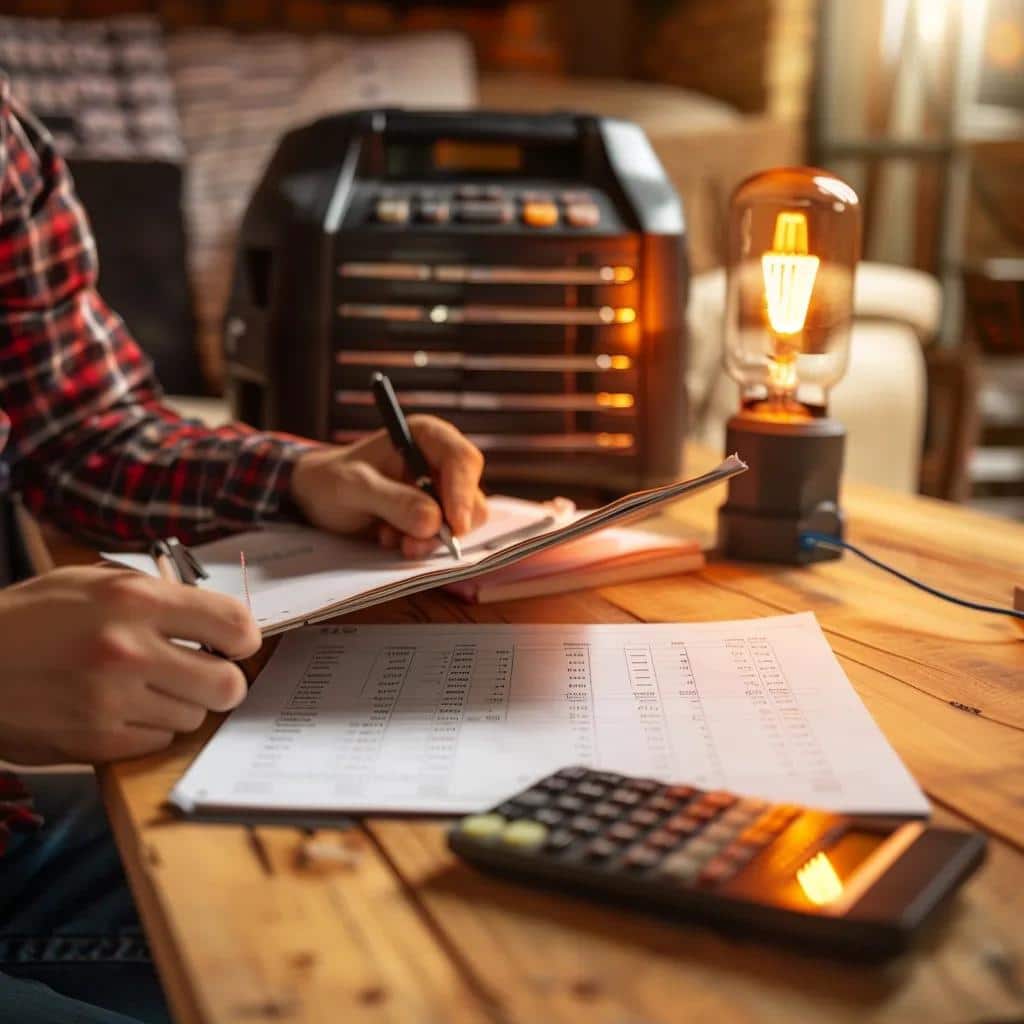 Person calculating power requirements for a generator, with a notebook, calculator, and a portable generator in a home setting, emphasizing generator sizing and planning for reliable backup power.