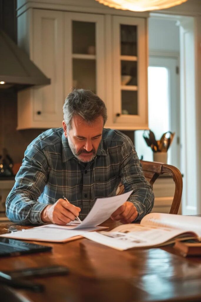 Man reviewing project plans and financial documents at a kitchen table, focusing on electrical panel upgrade financing options.