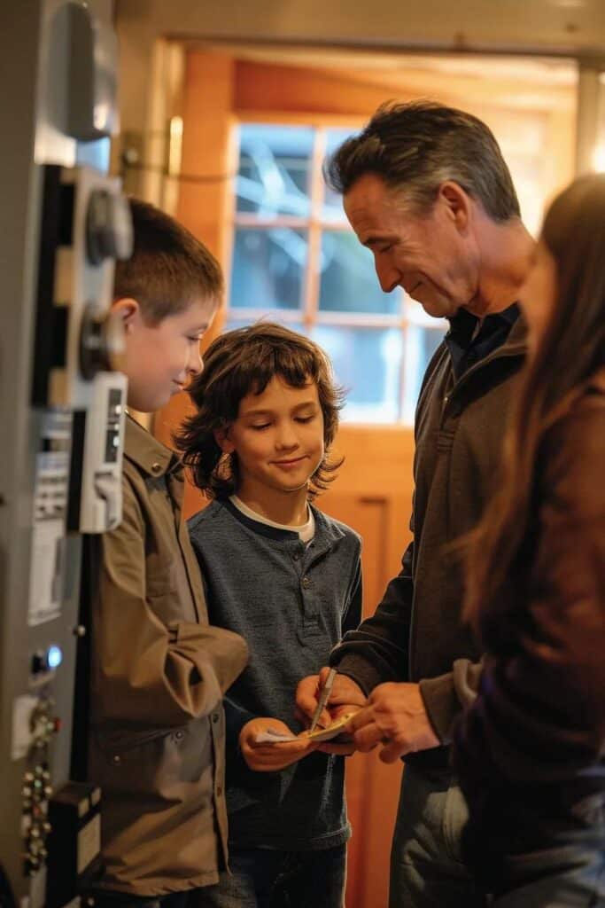 Family discussing home electrical upgrades with a 200 Amp panel in the background