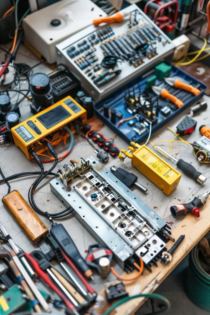 Tools and electrical components on a workbench, including a multimeter, various screwdrivers, and a disassembled electrical panel, highlighting the complexity of commercial electrical panel upgrades.
