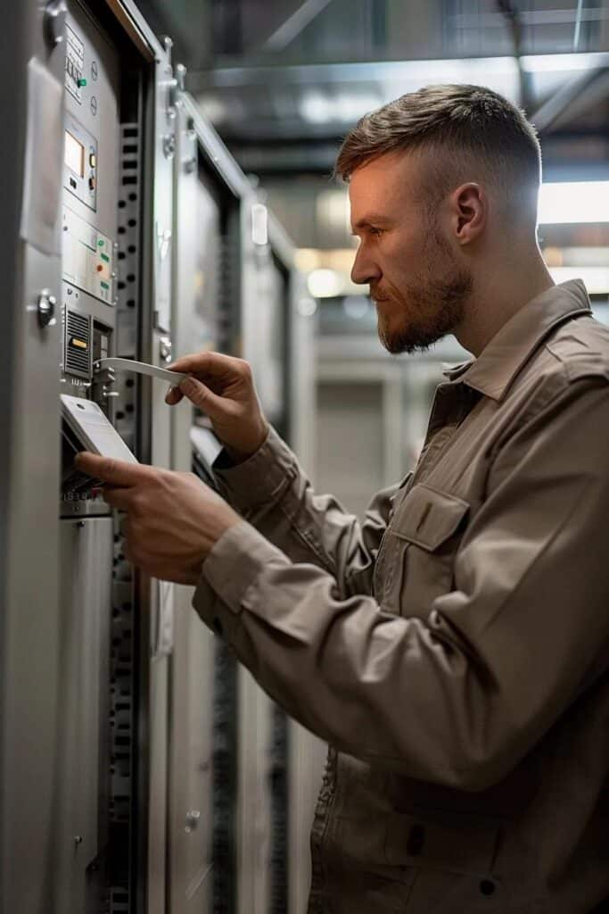 Technician inspecting a commercial electrical panel, emphasizing safety and operational capacity in electrical upgrades.