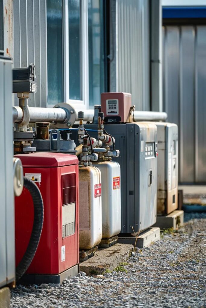 Generators and fuel tanks lined against a building, showcasing various types of fuel sources for backup power solutions, relevant to whole house generator pricing and installation.