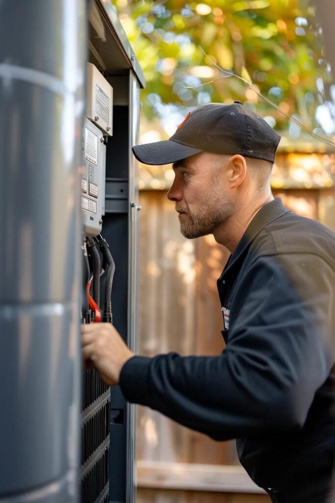 Expert electrician installing a whole-house standby generator at a home, ensuring dependable backup power solutions