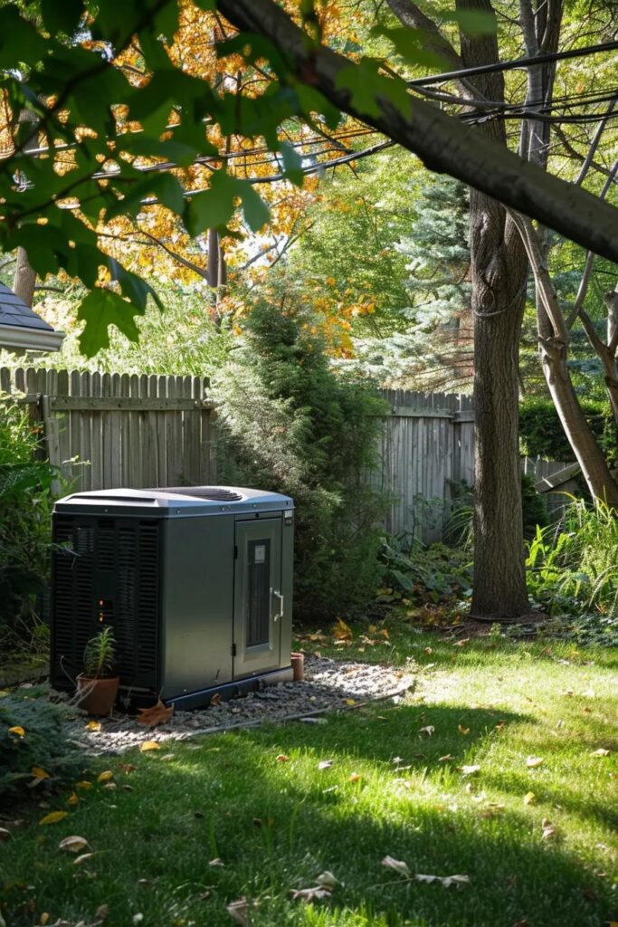 Generator installation in a residential backyard, surrounded by greenery and a wooden fence, emphasizing proper placement and airflow for efficient operation.
