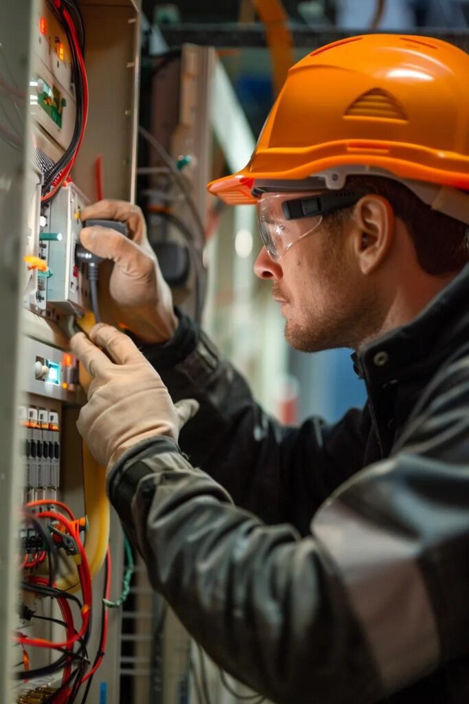 An electrician inspecting an electrical panel using thermal imaging equipment, highlighting professional safety checks