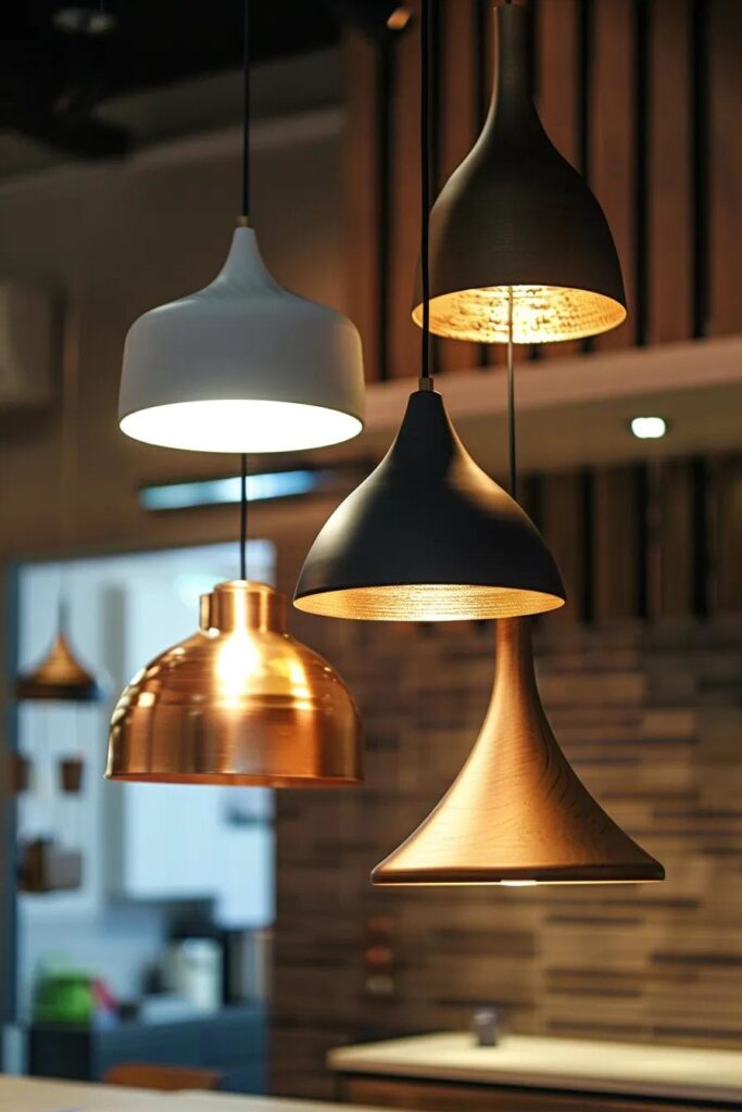 Hanging pendant lights in various designs, showcasing modern smart lighting solutions for home automation and energy efficiency.