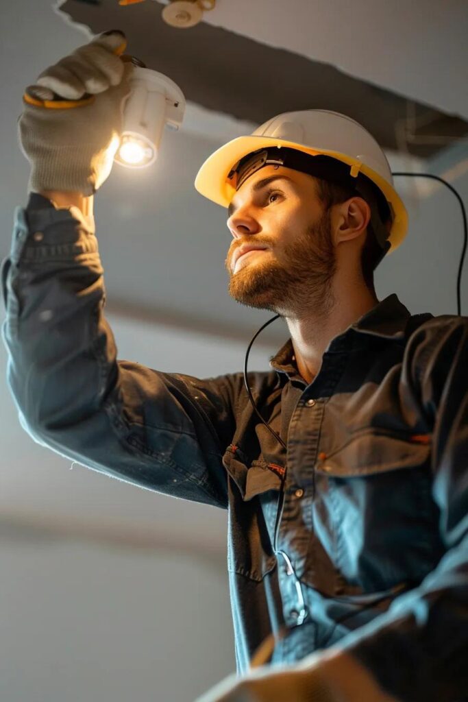 Electrician wearing a hard hat using a flashlight to inspect lighting fixtures during a smart home installation.