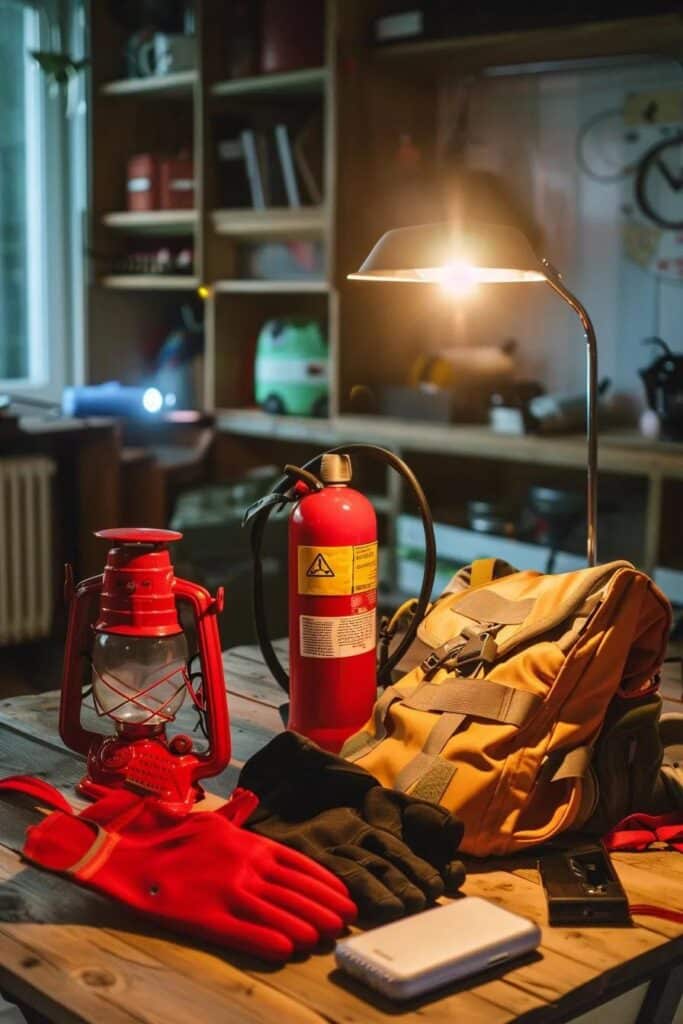 Emergency preparedness kit featuring a red lantern, fire extinguisher, gloves, backpack, and portable charger on a wooden table, emphasizing safety measures for electrical emergencies in Ankeny, Iowa.