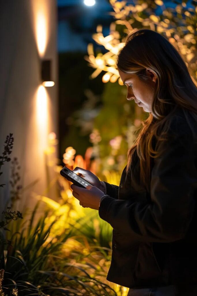 Woman using smartphone to control smart outdoor lighting in a beautifully illuminated garden setting at night.