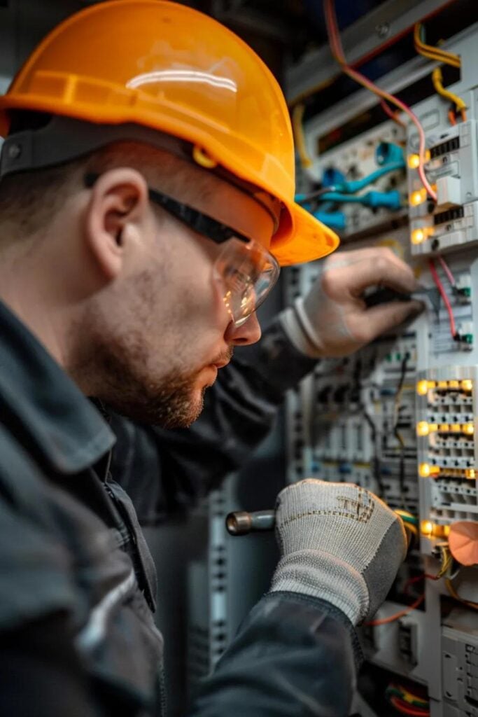 Licensed electrician working on an electrical panel in a home, emphasizing safety and professionalism