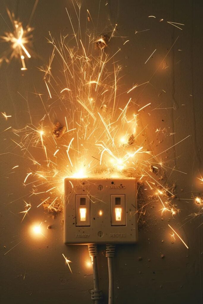Sparking electrical outlet with bright sparks and smoke, illustrating an electrical emergency scenario relevant to Rewired Iowa's emergency services in Ankeny.