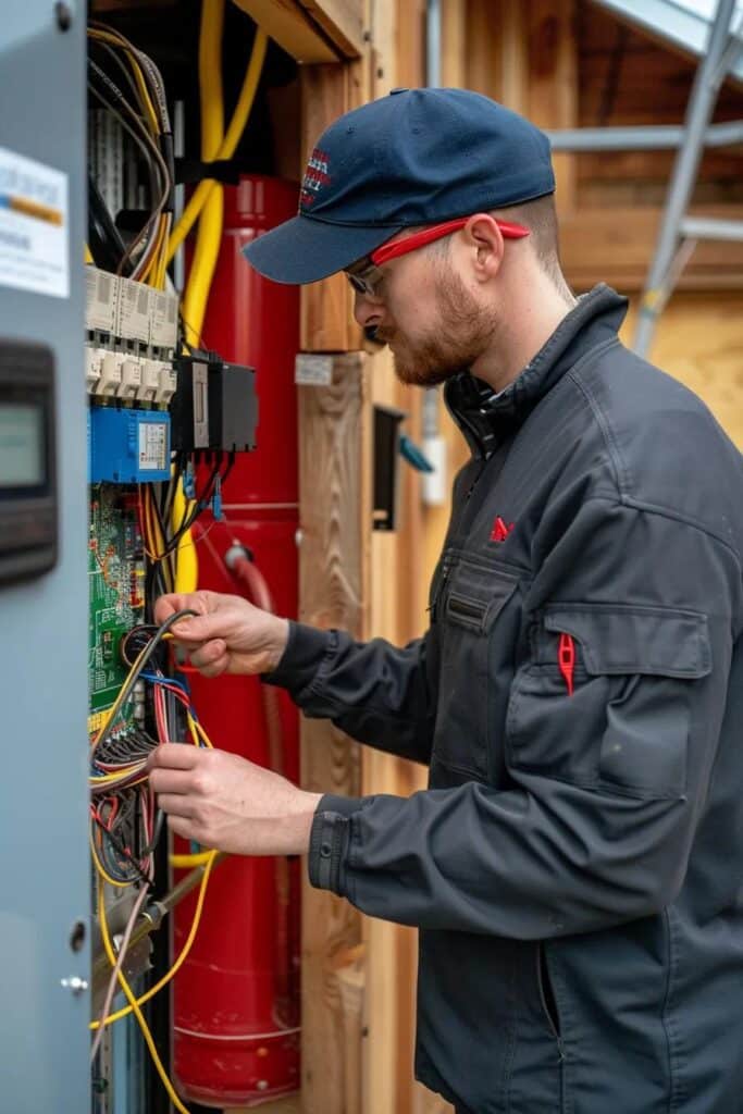 Electrician inspecting and working on home electrical panel, assessing wiring and connections for safety compliance.