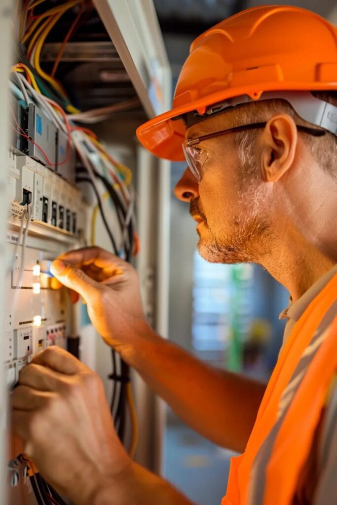 Electrician in safety gear inspecting electrical panel, ensuring compliance and safety for home electrical systems.