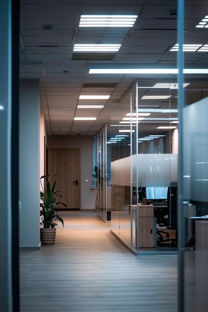 Commercial electrician installing LED lighting in a modern office environment
