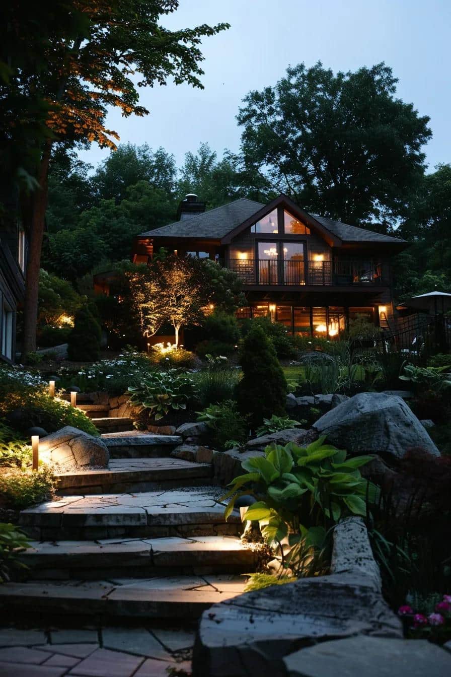 Outdoor lighting installation showcasing various fixtures in a residential backyard, enhancing safety and aesthetics