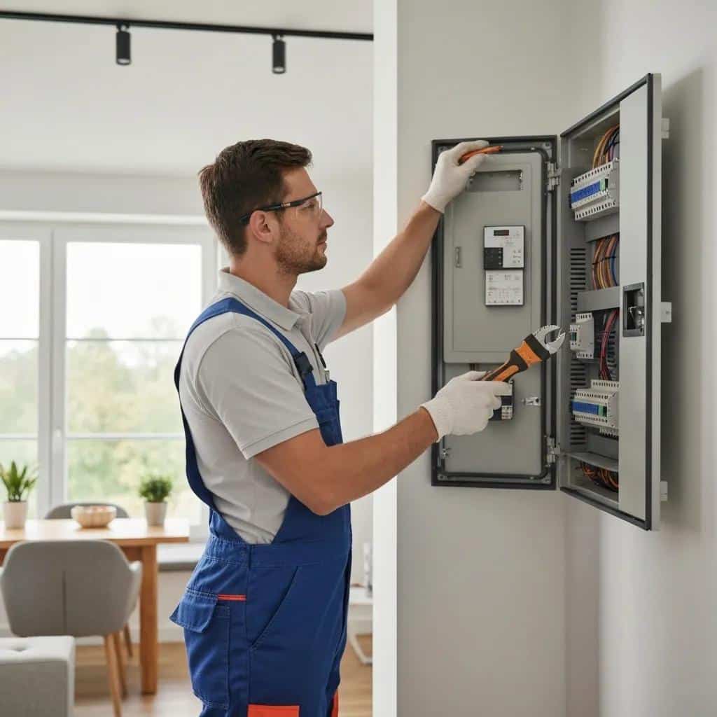 Electrician inspecting a circuit panel during an electrical safety inspection in a home