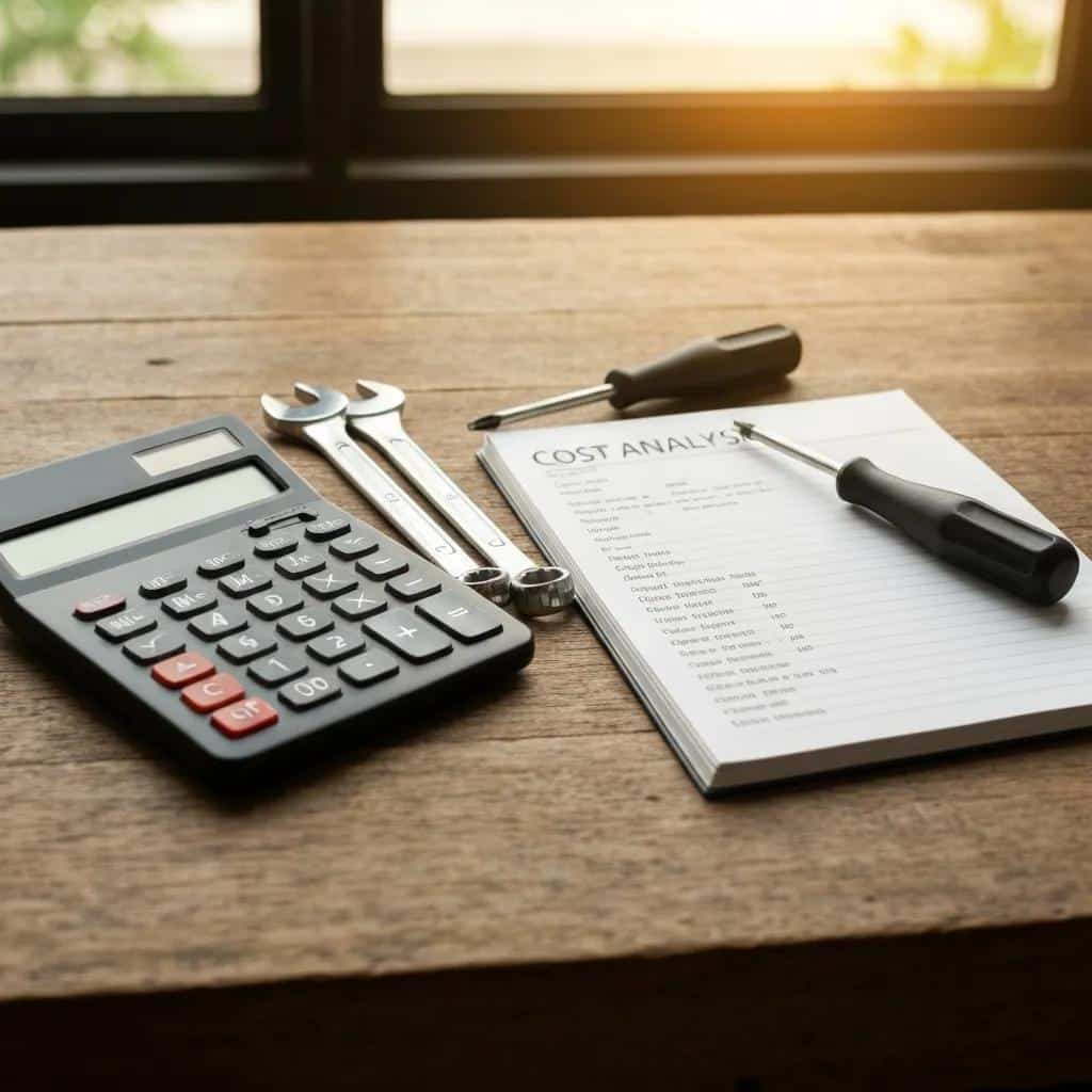 Calculator, wrenches, and screwdrivers on wooden table next to cost analysis notes, illustrating tools for generator maintenance and budgeting for upkeep.