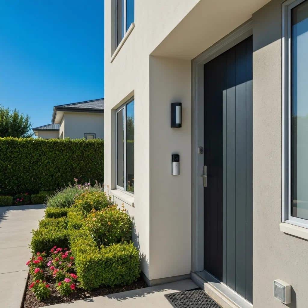 Modern home entrance featuring smart doorbell, sleek door design, and landscaped garden, illustrating smart home security solutions for Ankeny residents.