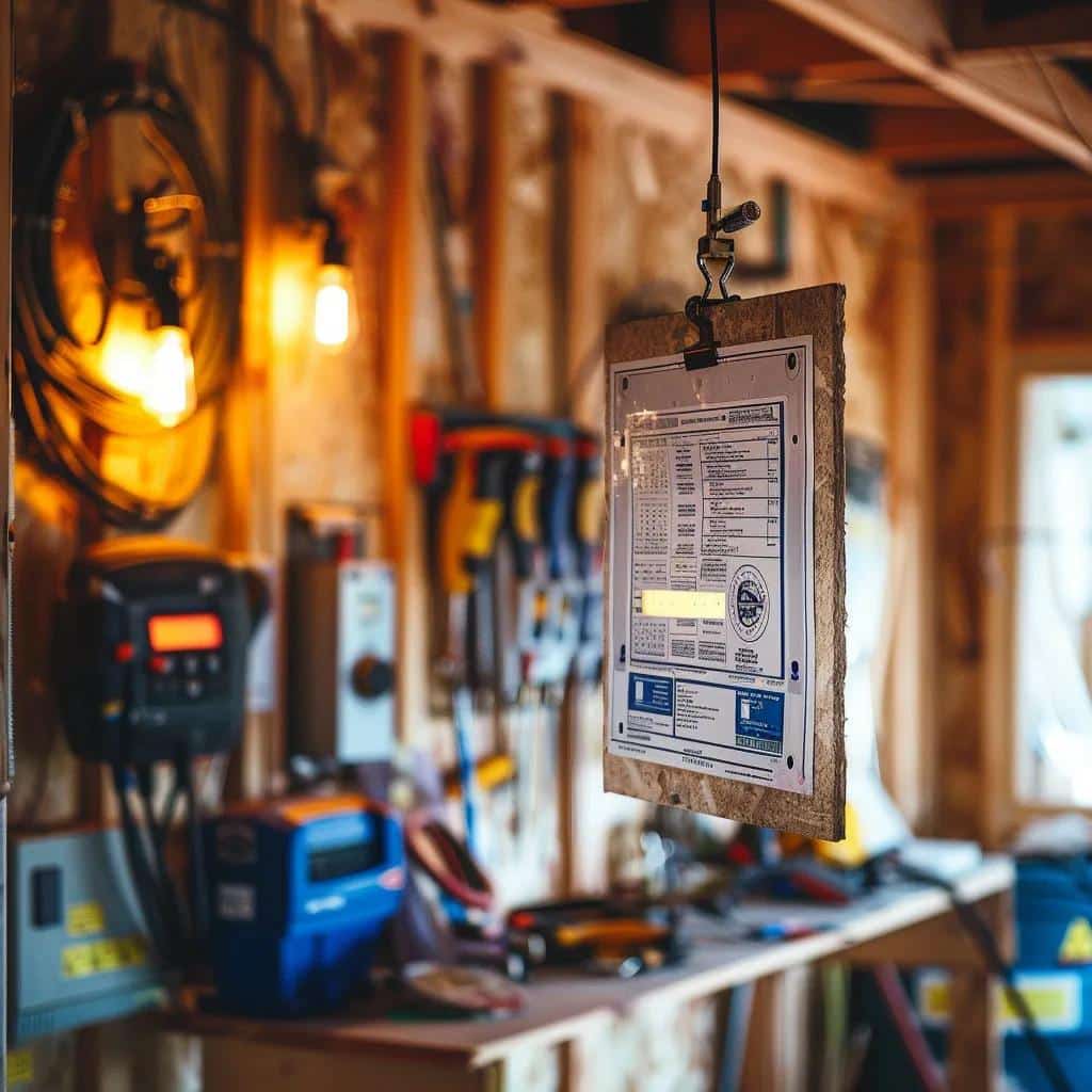 Framed Iowa electrician license displayed in a professional workshop setting