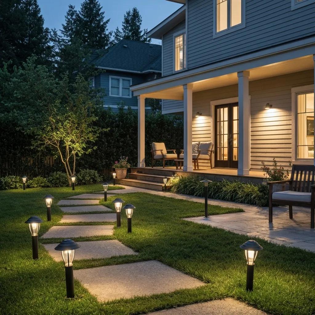 Outdoor lighting fixtures illuminating a cozy residential backyard, enhancing curb appeal and ambiance
