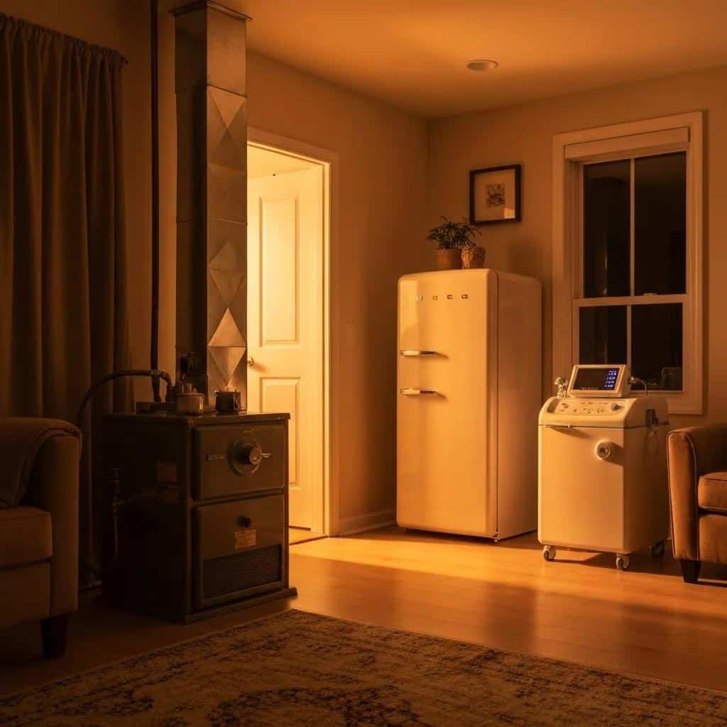 Cozy living space featuring a vintage refrigerator, a medical device, and a heating stove, emphasizing essential loads for home safety during power outages.