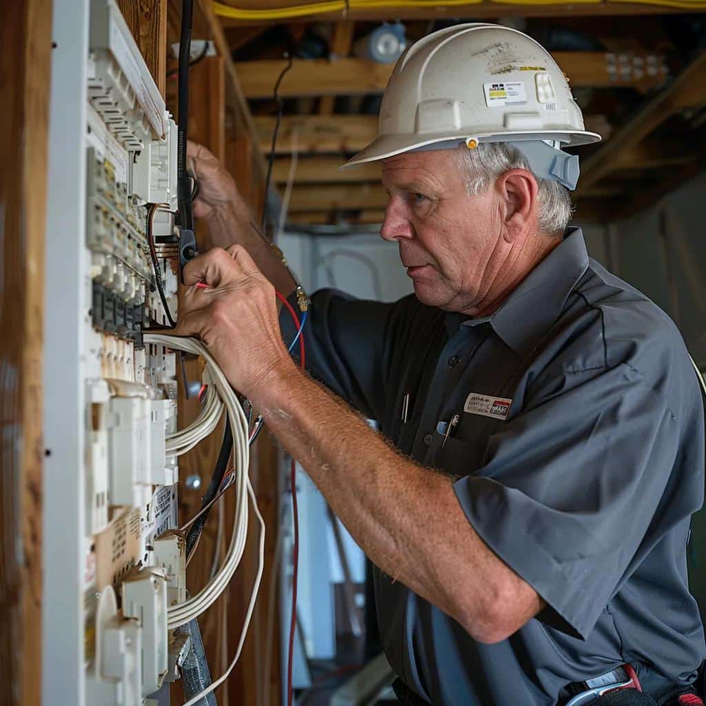 Electrician wearing a hard hat working on an electrical panel, inspecting and connecting wires to ensure safe power restoration after storm damage.