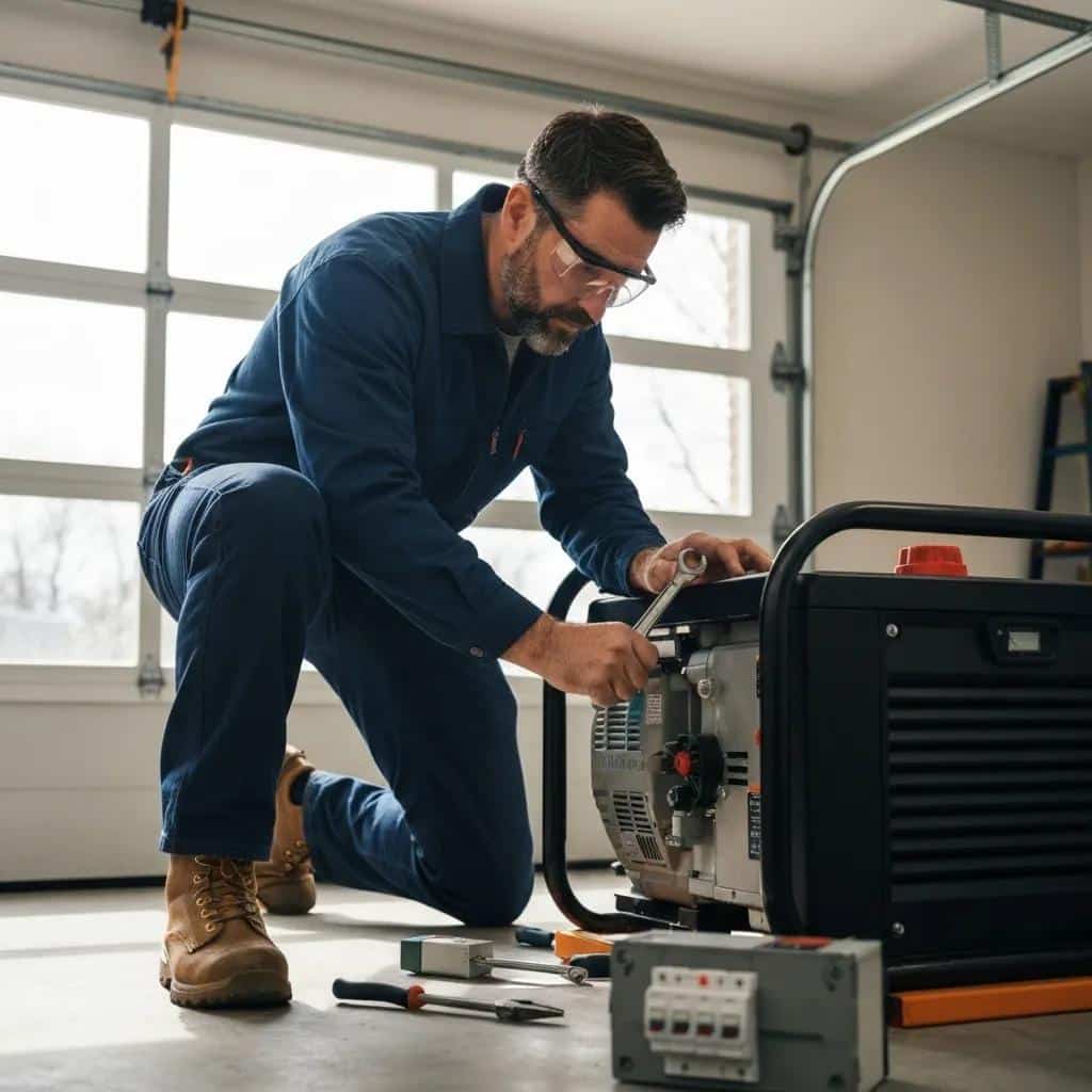 Man in work attire adjusting a residential generator, surrounded by tools, emphasizing professional installation and maintenance for home power solutions.
