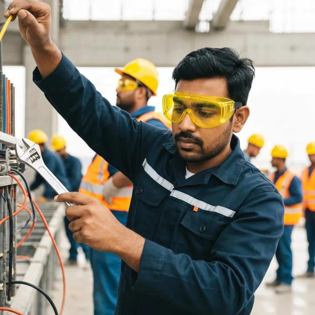 Commercial electrician working on electrical installations in a business setting