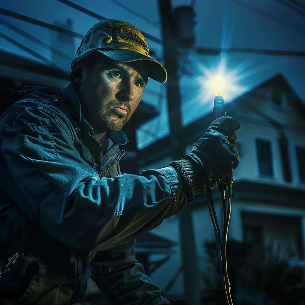 Emergency electrician responding to a call at night in a residential setting