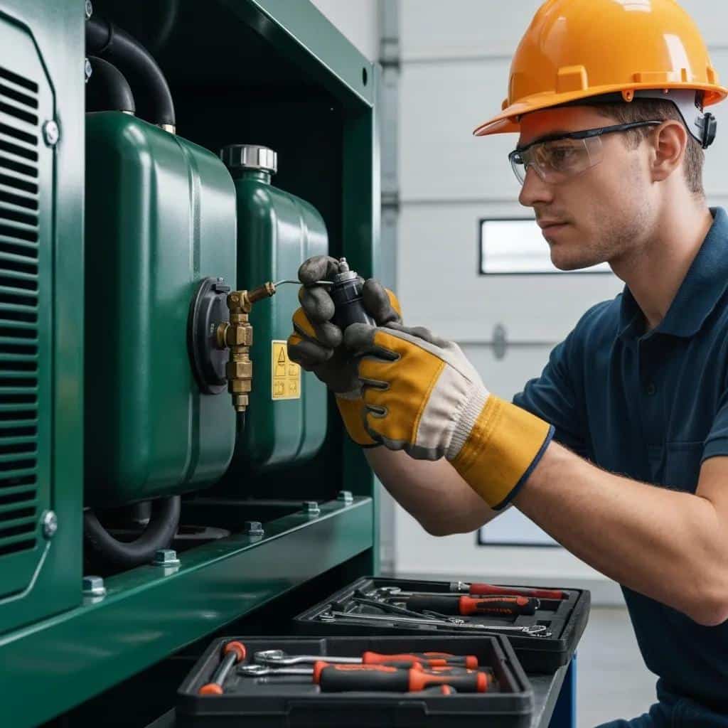 Technician performing maintenance on a generator, inspecting fuel lines and using tools, emphasizing preventive maintenance for reliable power.