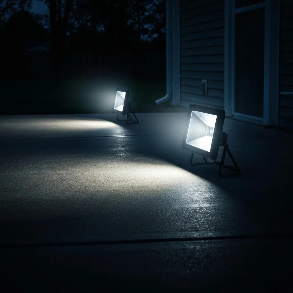 Outdoor motion-activated floodlights illuminating a concrete patio at night, enhancing safety and visibility for Ankeny homes.