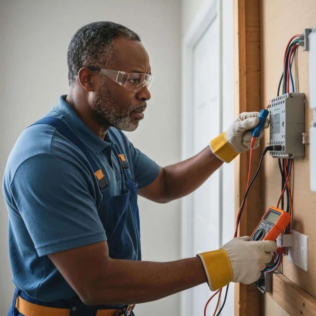 Electrician using diagnostic tools to assess electrical panel, emphasizing emergency repair services and safety protocols in Ankeny, Iowa.