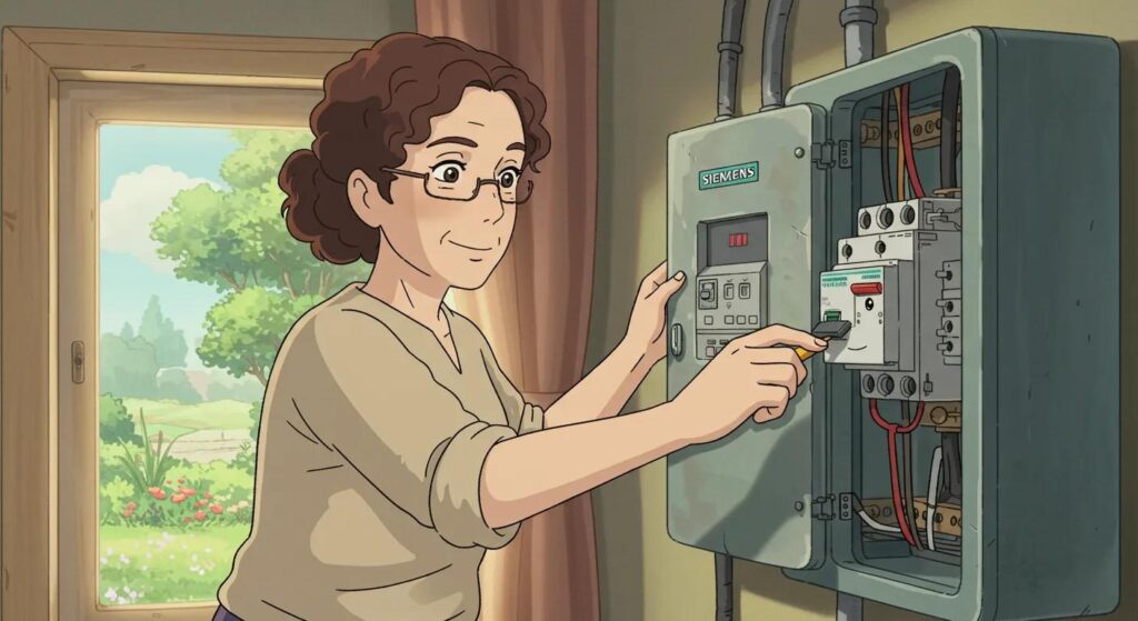 Ghibli Style cartoon image of a Homeowner resetting a residential US style circuit breaker in a Seimens residential style electrical panel, emphasizing safety and confidence