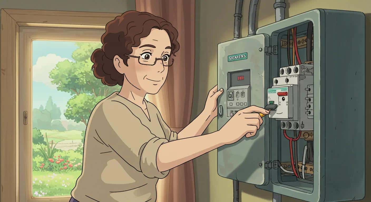 Ghibli Style cartoon image of a Homeowner resetting a residential US style circuit breaker in a Seimens residential style electrical panel, emphasizing safety and confidence