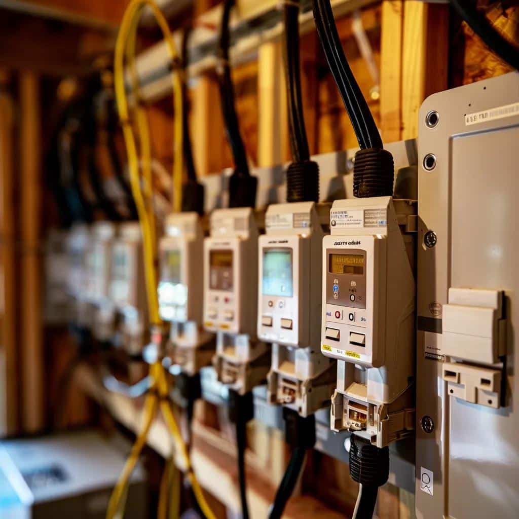 Close-up of GFCI and AFCI devices installed in a home, emphasizing electrical safety features