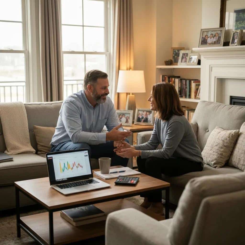 Couple discussing financial options at home, laptop displaying financial chart, calculator and coffee on table, cozy living room setting.