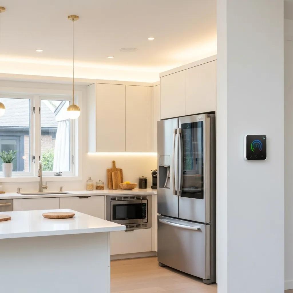 Modern kitchen with stainless steel appliances, including a refrigerator and microwave, featuring smart home control panel on the wall, designed for energy efficiency and integrated technology.