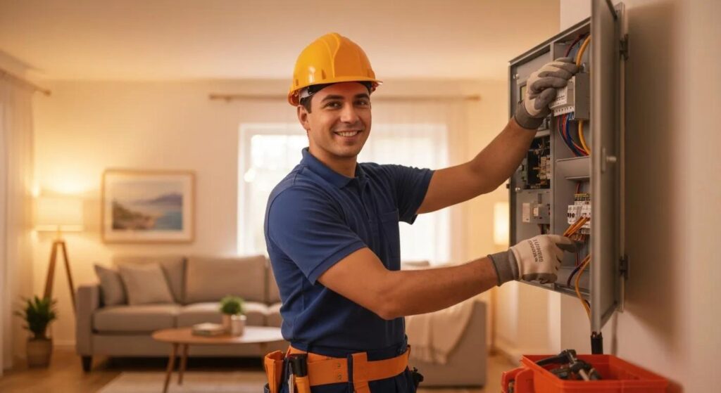 Electrician working on a residential electrical panel in a cozy home setting