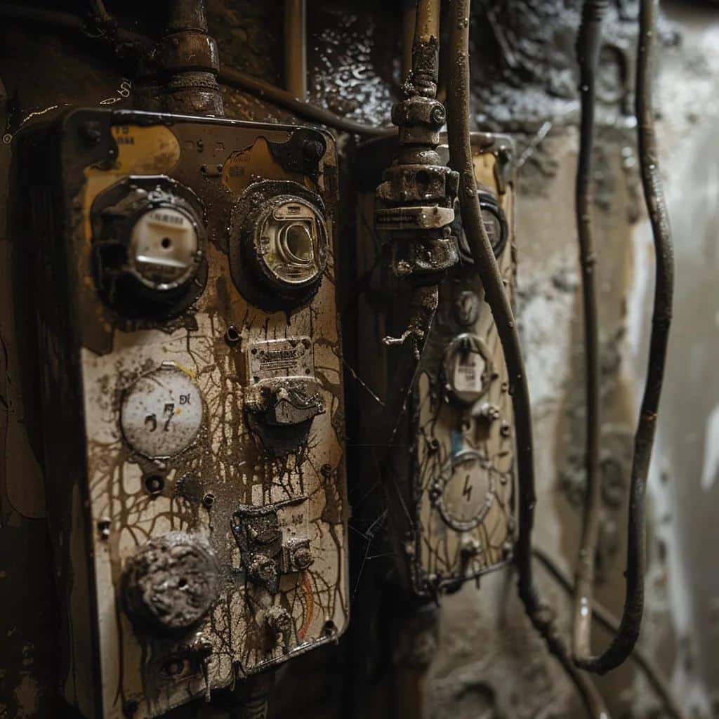 Damaged electrical panel with mud and debris, illustrating storm-related damage and safety hazards from flooding.