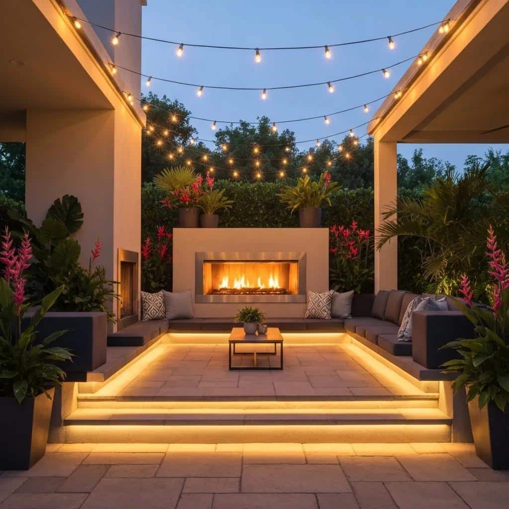 Outdoor living space featuring layered lighting with string lights overhead, a modern fireplace, and illuminated steps, surrounded by lush greenery and seating areas, enhancing ambiance and functionality for evening gatherings.