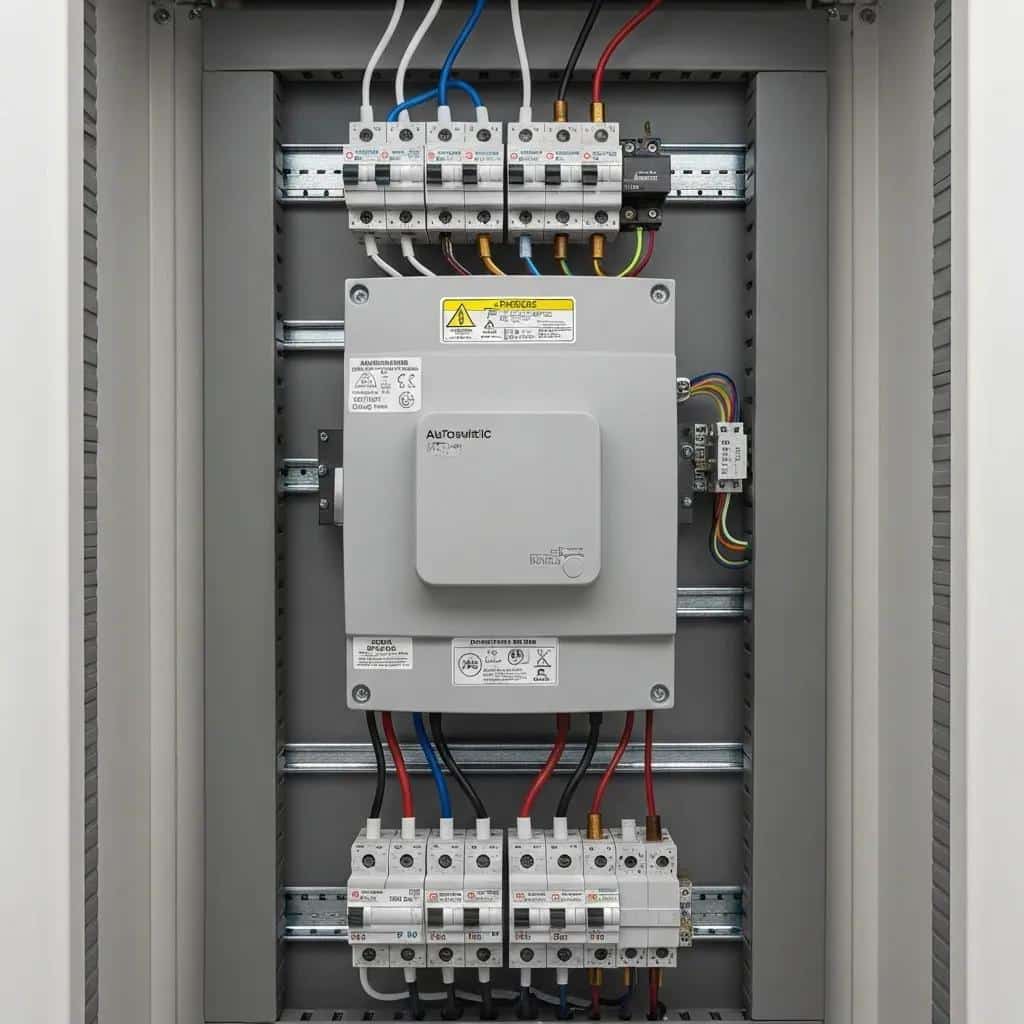 Automatic transfer switch (ATS) panel with circuit breakers and wiring, illustrating electrical setup for whole house generator systems.