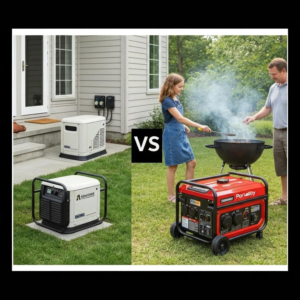 Standby generator installed outside a home and portable generator being used for outdoor cooking, illustrating the comparison between standby and portable generators for backup power solutions.
