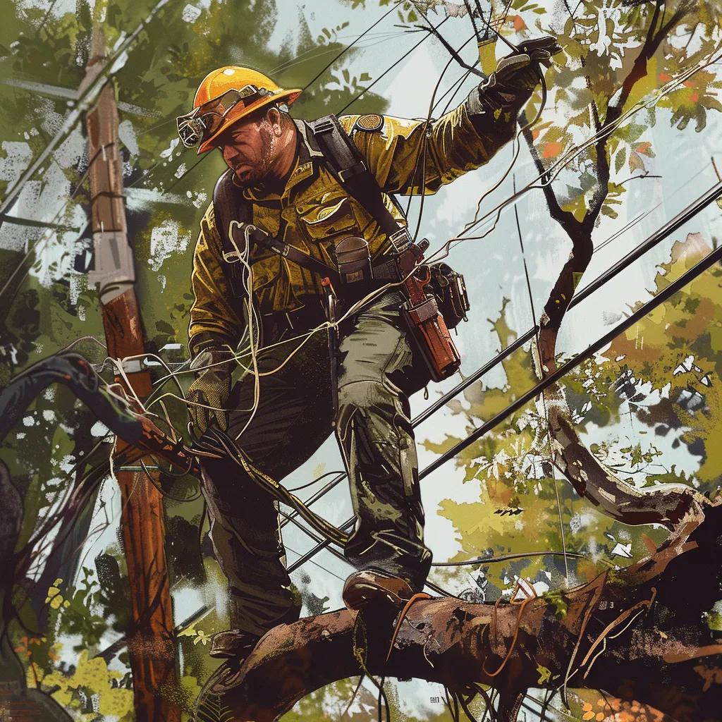 Electrician in safety gear working on downed power lines after a tree fall, surrounded by tangled wires and foliage, emphasizing emergency electrical services and safety measures.