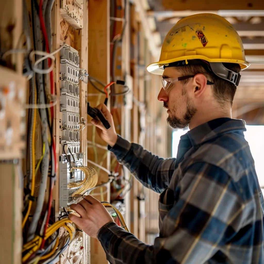 Licensed electrician inspecting wiring, showcasing the importance of professional electrical work