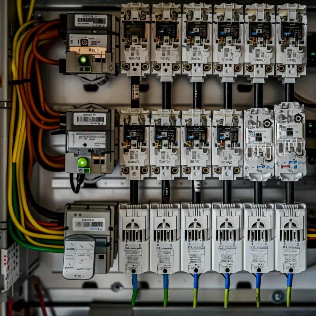 Electrical panel with circuit breakers and surge protection devices, illustrating safety measures for storm-related electrical issues in homes.
