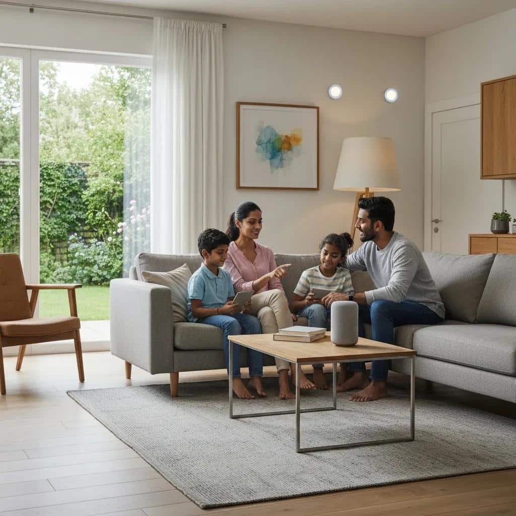 Family engaging with smart home technology in a modern living room, featuring a smart speaker on a coffee table, illustrating Rewired Iowa's smart home electrical installations.