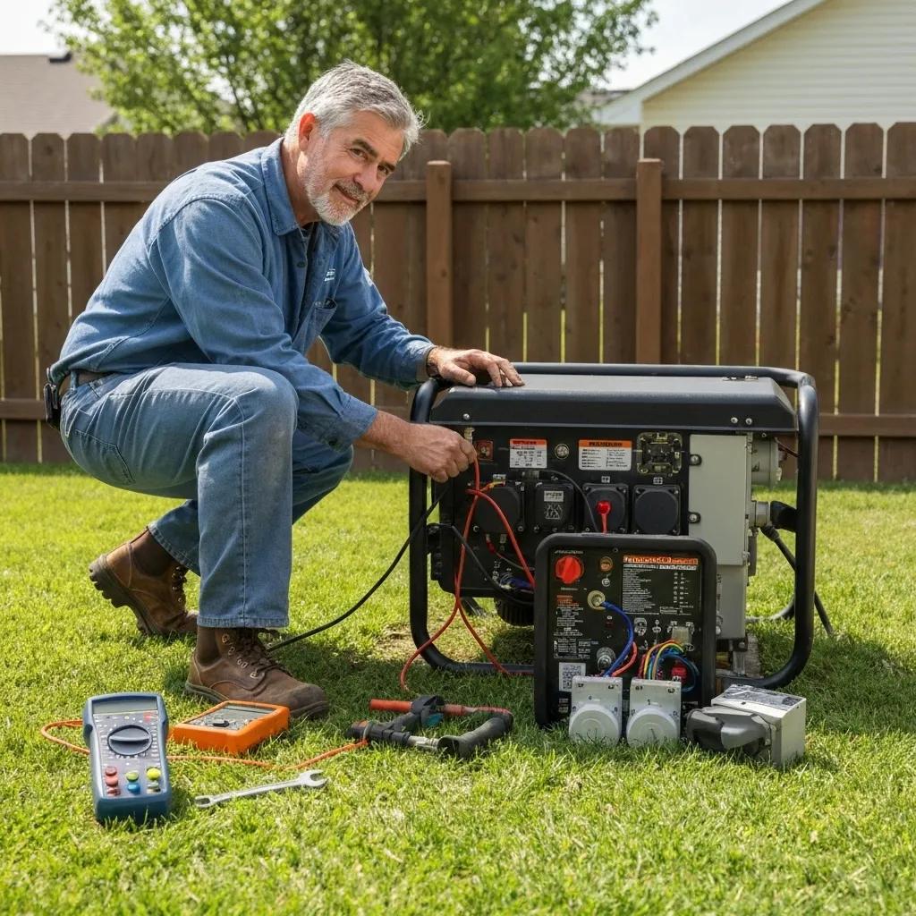 Certified electrician installing a whole house generator in a residential yard, showcasing expertise with tools and equipment for backup power solutions.